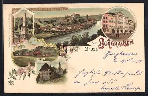Lithographie Burghausen / Salzach, Obelisk, Bahnhof, Gurathurm und Protest. Kirche