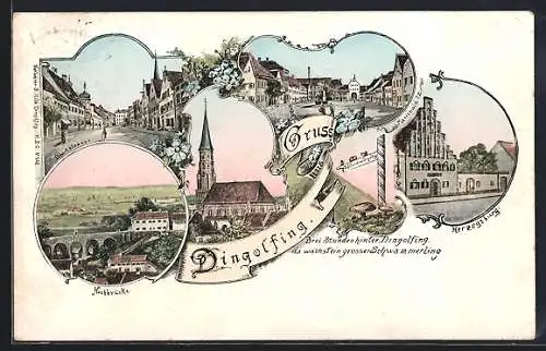 AK Dingolfing, Marienplatz, Herzogsburg, Kirche, Hochbrücke, Bruckstrasse
