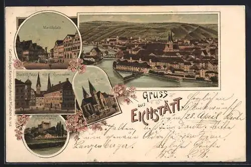 Lithographie Eichstätt, Marktplatz, Bischöfl. Palais mit Gymnasium, Dom, St. Willibald`s Burg vom hohen Kreuz