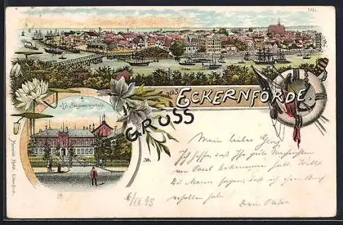 Lithographie Eckernförde, Teilansicht, Königliche Baugewerkschule