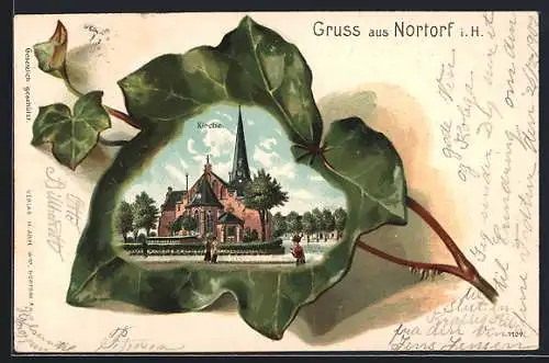 Passepartout-Lithographie Nortorf, Kirche, Efeu-Blatt