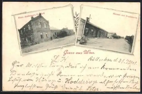 AK Wees, Hans Andresen`s Gasthof, Meierei mit Dorfstrasse