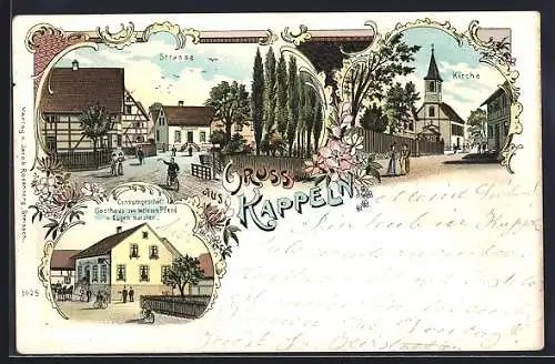 Lithographie Kappeln / Elsass, Gasthaus zum weissen Pferd v. Eugen Harster, Kirche, Strassenpartie