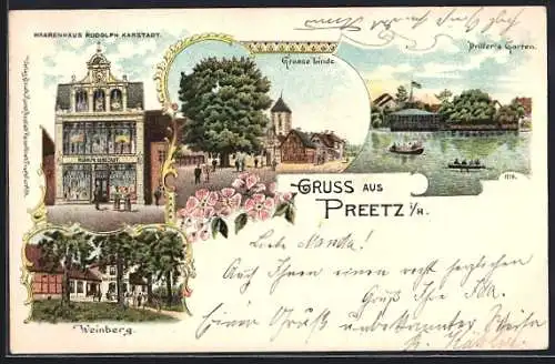 Lithographie Preetz i / H., Warenhaus Rudolph Karstadt, Priller`s Garten, Weinberg