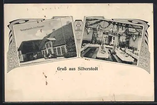 AK Silberstedt, Gasthaus v. Joh. Clausen mit Saalansicht