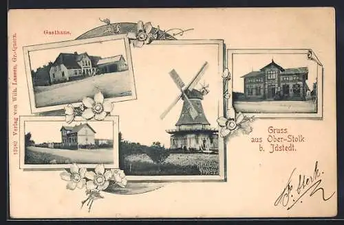 AK Ober-Stolk b. Idstedt, Gasthaus, Windmühle, Ortspartien
