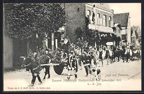 AK Husum / Nordsee, 33-jähriges Stadtjubiläum und Heimatsfest 1903, Umzugswagen Jagd und Fischerei