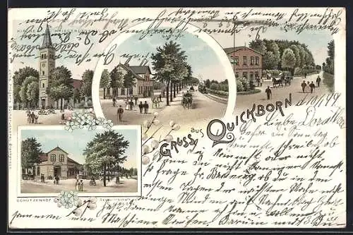 Lithographie Quickborn / Holstein, Gasthaus Schützenhof, Schmid`s Gasthof, Gastwirtschaft zum Bilsener Wohld.