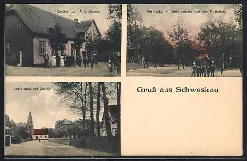 AK Schweskau, Gasthof von Fritz Schult, Dorfstrasse mit Kirche
