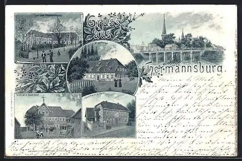 AK Hermannsburg, Völker`s Gasthof, Gasthaus H. Thies, Pfarrhaus und Missionshaus