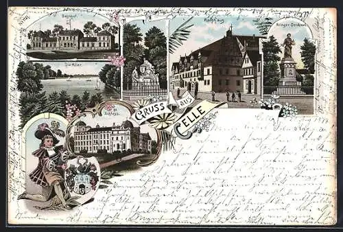 Lithographie Celle, Schloss, Rathaus, Bahnhof, Kriegerdenkmal und Aller