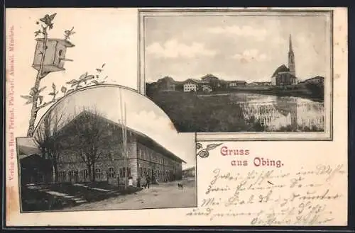 AK Obing, Gasthaus und Ortspartie, Passepartout mit Vogelhaus