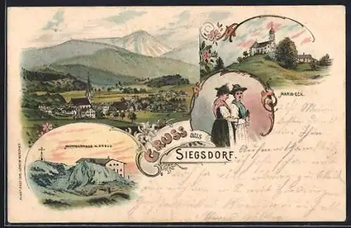 Lithographie Siegsdorf, Ortsansicht, Maria-Eck, Hochfellnhaus m. Kreuz, Frauen in Tracht