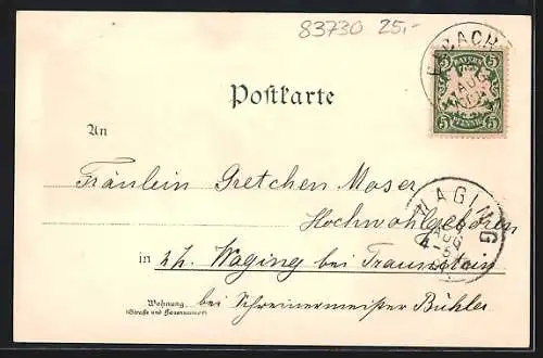 Lithographie Elbach / Schliersee, Ortsansicht mit Kirche, Elbacherin in Tracht