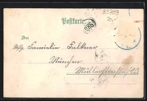 Lithographie Gmund a. Tegernsee, Neureut-Haus, Hirschberg-Haus und Totalansicht