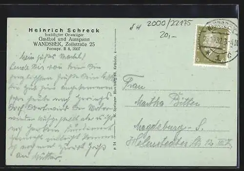 AK Hamburg-Wandsbek, Gasthof von Heinrich Schreck, Zollstrasse 25