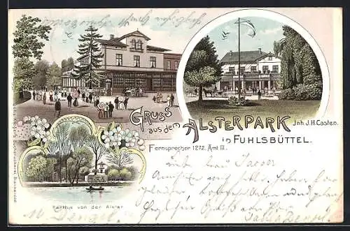 Lithographie Hamburg-Fuhlsbüttel, Gasthaus Alsterpark, Inh. J. H. Casten, Alsterpartie