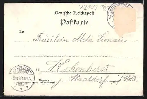 Lithographie Hamburg-Altrahlstedt, Gasthaus von C. Köster, Bahnhof und Gartenpartie, Kirche