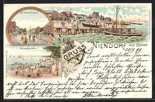 Lithographie Niendorf a. d. Ostsee, Strandleben und Strandstrasse