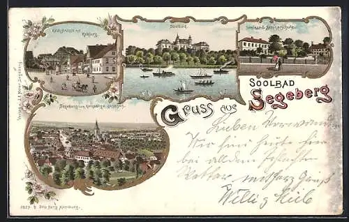 Lithographie Segeberg, Seminar und Seminarschule, Kirchstrasse mit Kalkberg, Soolbad