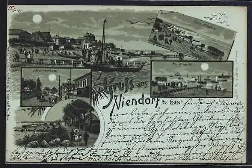 Mondschein-Lithographie Niendorf a. d. Ostsee, Strandstrasse, Promenade und Strandpartie