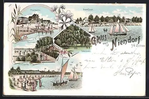 Lithographie Niendorf / Ostsee, Strand Bazar, Promenade