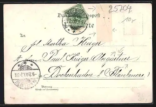 Lithographie Meldorf, Post und Bahnhofs-Hotel, Gymnasium, Museum Dithm. Alterthümer und Bahnhof