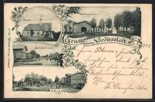 AK Nordhastedt, Bahnhofstrasse, Kirche, Centralgarten