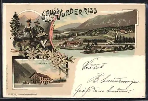 Lithographie Vorderriss, Gasthaus mit Ortsansicht aus der Vogelschau