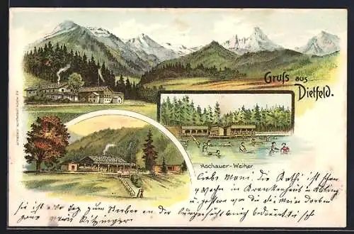 Lithographie Dietfeld, Panorama und Aschauer-Weiher