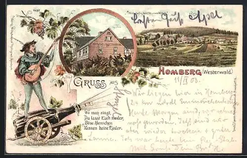 Lithographie Homberg, Gasthaus von Adolf Thomas Ww., Minnesänger mit Sektflasche