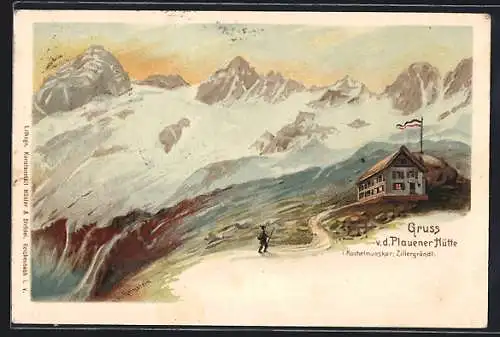 Künstler-Lithographie sign. H. Reinstein: Plauener Hütte, Wanderer auf dem Weg zur Berghütte