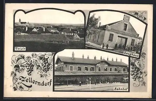 AK Zellerndorf, Bahnhof von der Gleisseite, Zeughaus der Freiwilligen Feuerwehr