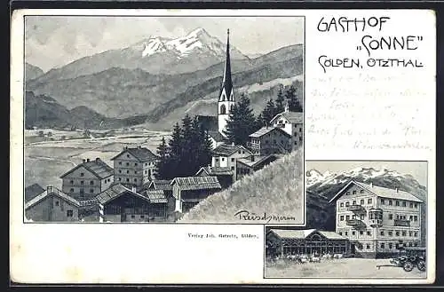Künstler-AK F.A.C.M. Reisch: Sölden im Ötzthal, Gasthof Sonne in versch. Ansichten