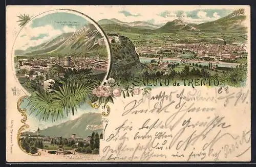 Lithographie Trento, Piazza Stazione e Monumento a Daute, Panorama