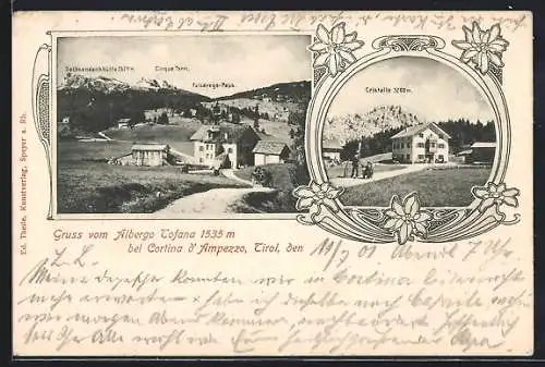 AK Cortina d`Ampezzo /Tirol, Albergo Tofana mit Sachsendankhütte, Cinque Torri, Falzárego-Pass und Cristallo