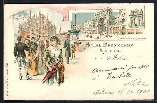 Lithographie Milano, Galleria Vittorio Emanuele, Passanten vor der Kirche