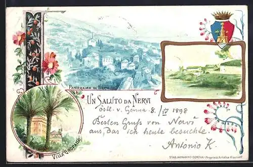 Lithographie Nervi, Panorama, Villa Gropallo