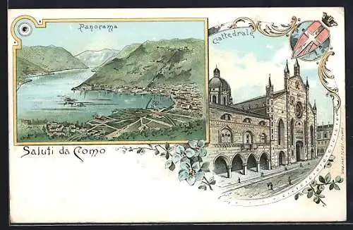 Lithographie Como, Panorama, Cattedrale, Wappen