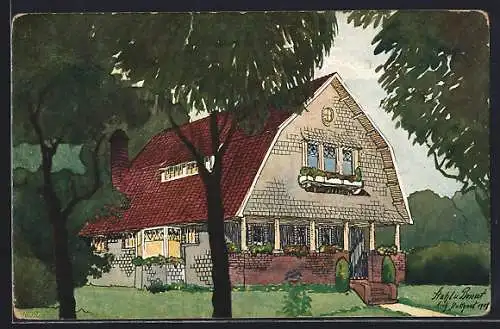 Künstler-AK Stuttgart, Bauaustellung 1908, Haus v. Stahl & Bossert