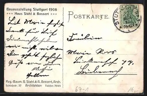 Künstler-AK Stuttgart, Bauaustellung 1908, Haus v. Stahl & Bossert