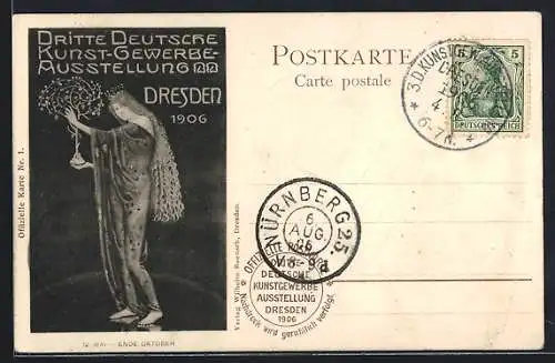 AK Dresden, Dritte Deutsche Kunst-Gewerbe-Ausstellung 1906, Frau mit Krone und Pflanze