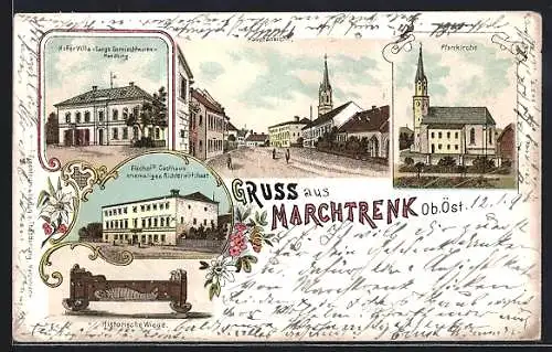 Lithographie Marchtrenk, Fischers Gasthaus, Langs Gemischtwarenhandlung in der Hofer-Villa