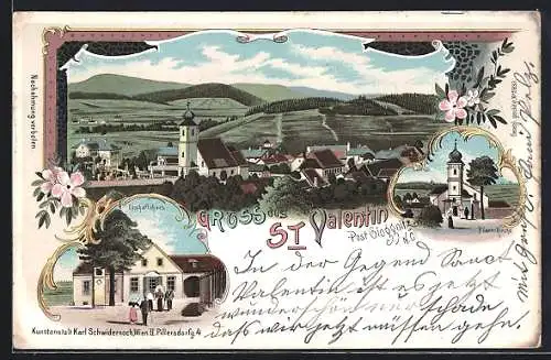 Lithographie St. Valentin /Post Gloggnitz, Geschäftshaus, Pfarrkirche, Ortsansicht