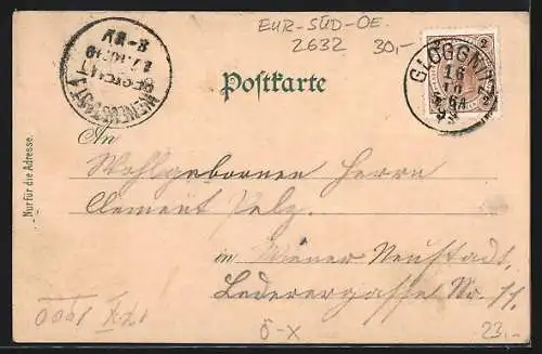 Lithographie St. Valentin /Post Gloggnitz, Geschäftshaus, Pfarrkirche, Ortsansicht