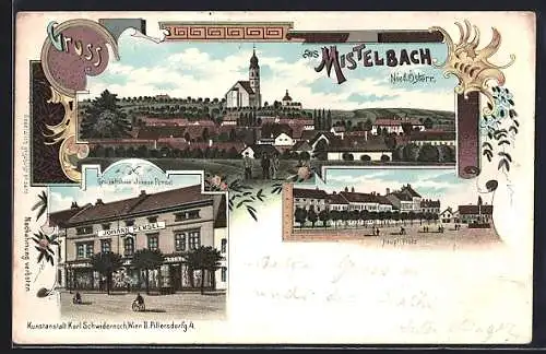 Lithographie Mistelbach /Nied. Österr., Geschäftshaus Johann Pemsel, Hauptplatz, Ortsansicht