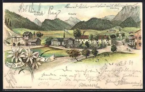 Lithographie Marktschellenberg, Gasthaus Zill mit Watzmann u. Hochkalter, Edelweiss