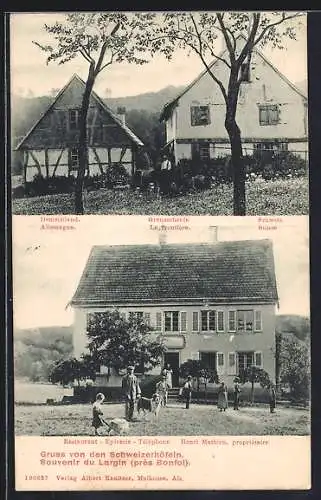 AK Bonfol, Largin, Restaurant-Epicerie Schweizerhöfeln v. Henri Mathieu, Grenze Deutschland Schweiz, Grenzscheide