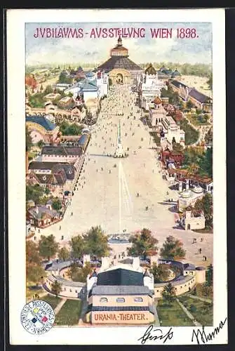 Künstler-AK Wien, Jubiläums-Ausstellung 1898, Panorama mit Urania-Theater