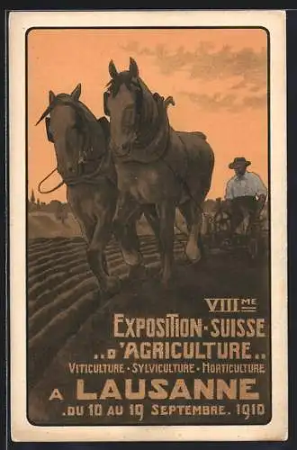 AK Lausanne, VIII. Exposition-Suisse d`Agriculture, Landwirtschaftsausstellung, Pferdepflug